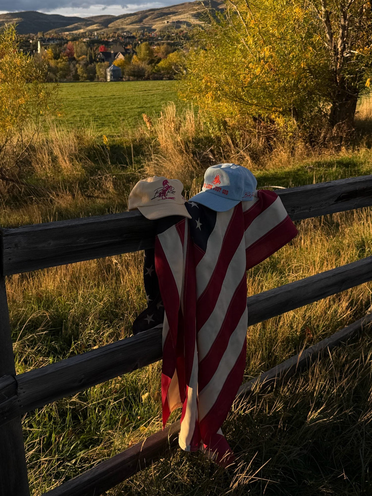 Wild Card and No Luck caps on a wooden fence with an American flag