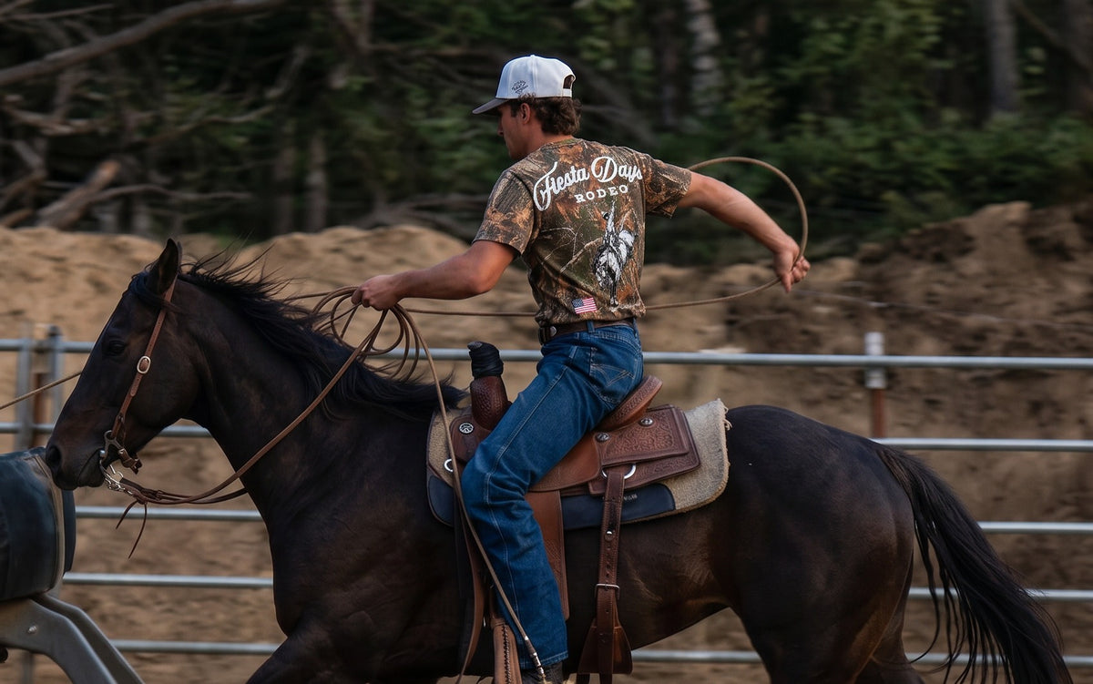 Rider on horseback swinging a rope in a rodeo arena